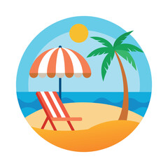 Summer day beach vector t-shirt design with sun, palm tree, beach chair and beach umbrella 