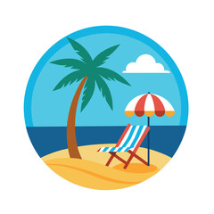 Summer day beach vector t-shirt design with sun, palm tree, beach chair and beach umbrella 