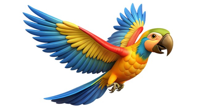 Colorful animated macaw parrot in flight with spread wings and vibrant feather details