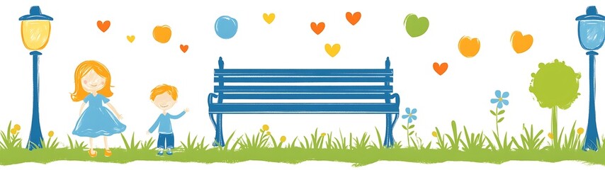 Park scene with children and a bench