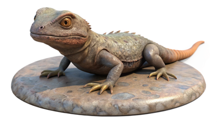 Detailed 3d rendering of a realistic lizard creature resting on a textured platform