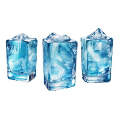 Crystal clear ice cubes on a white background, reflecting cool blue light