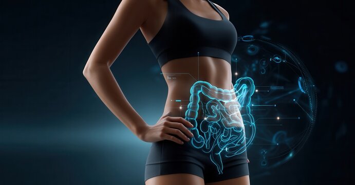 Gut Health Focus: A fit woman showcases a vibrant, glowing digestive system, emphasizing the importance of intestinal well-being.