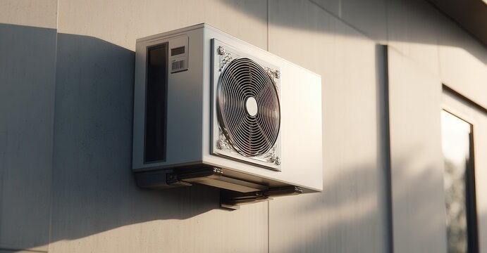 Modern HVAC system mounted on a building exterior, providing efficient climate control and architectural integration with the wall.