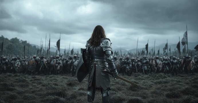 Armored warrior stands before a vast army, ready for battle under a gloomy sky. Strength and resolve in the face of war.
