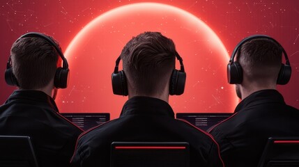 economy consumption efficiency concept. Three individuals in headphones focus on a vibrant digital display against a red background.