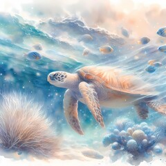 Sea Turtle Swimming Through a Dreamy Underwater World