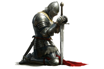 Knight in armor praying with sword isolated on a white background png ai generated