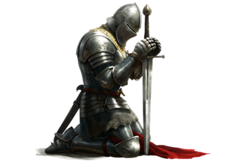 Knight in armor praying with sword isolated on a white background png ai generated