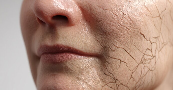 Close-up on facial skin showcasing intricate lines and dryness, highlighting the effects of aging and dehydration on skin texture.
