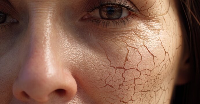 Closeup of a face showing severe dehydration with visible cracking and dryness, highlighting the effects of extreme skin condition.