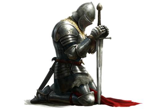 Knight in armor praying with sword isolated on a white background png ai generated