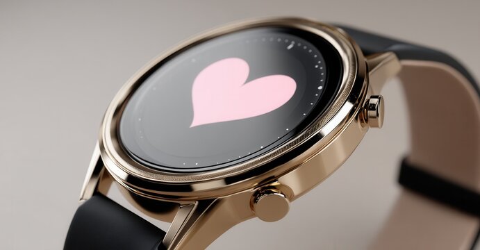Close-up of a gold smartwatch displaying a pink heart, set against a muted backdrop, showcasing modern tech with a touch of romance.