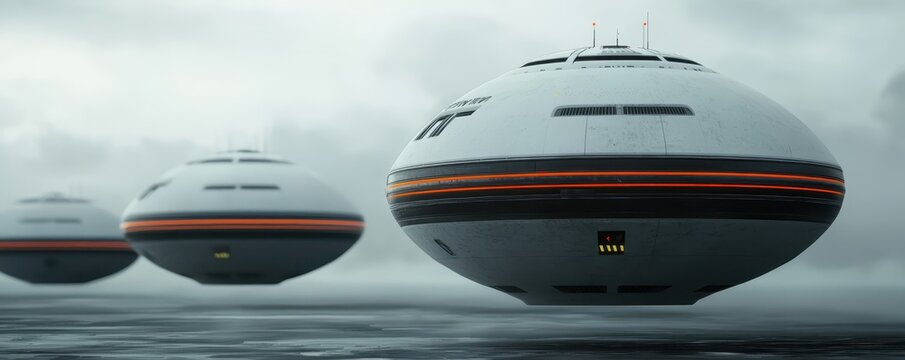 economy consumption efficiency concept. Futuristic flying saucers hover above a tranquil surface under a cloudy sky.
