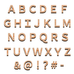 木製のアルファベットと記号のセット、白い背景、3D制作