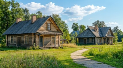 Rustic Wooden Houses in a Sunny Meadow