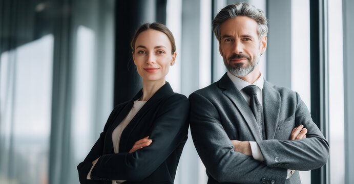 Confident business duo, back-to-back, in suits. A portrait of teamwork, ambition, and success. Ready to take on challenges together.