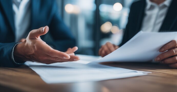 Business meeting in progress with documents being reviewed.  The details of the arrangement are being carefully discussed and finalized.