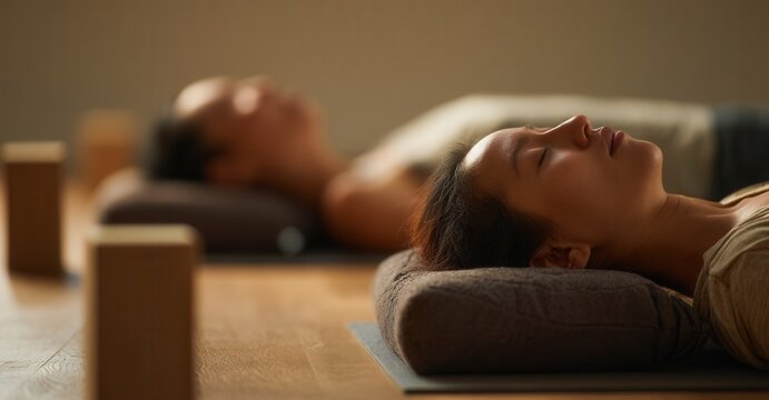 Two people relaxing in a yoga studio, lying on their backs with their eyes closed, resting in a serene and peaceful atmosphere.
