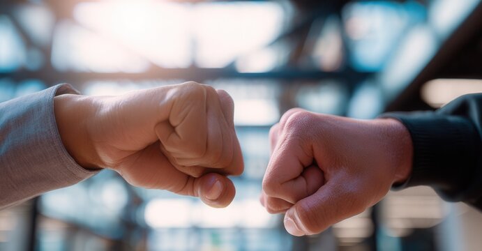 Two people bump fists in agreement. A visual representation of teamwork, collaboration, and friendly competition. Celebrating success.
