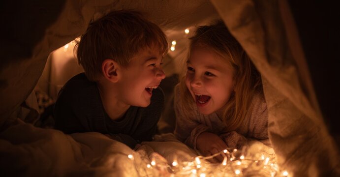 Children share laughter and joy in a cozy, homemade fort illuminated with twinkling fairy lights, creating cherished memories.