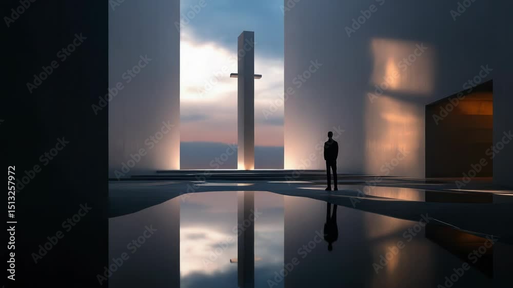 Aufkleber A person stands in front of a room with a cross in the background, creating a simple and peaceful atmosphere