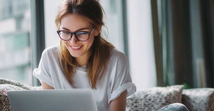 Smiling woman with glasses works on a laptop in a bright, comfortable room, enjoying technology and a modern lifestyle.