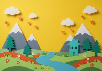 Fototapeta premium Charming papercraft landscape with house mountains and river