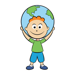 A joyful child smiles brightly while holding a globe above his head, symbolizing hope, unity, and a bright future for the world in young hands.
