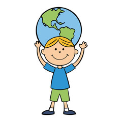 A joyful child smiles brightly while holding a globe above his head, symbolizing hope, unity, and a bright future for the world in young hands.
