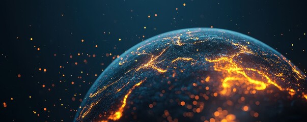 economy consumption efficiency concept. Vibrant abstract depiction of a globe illuminated with glowing lights and particles.