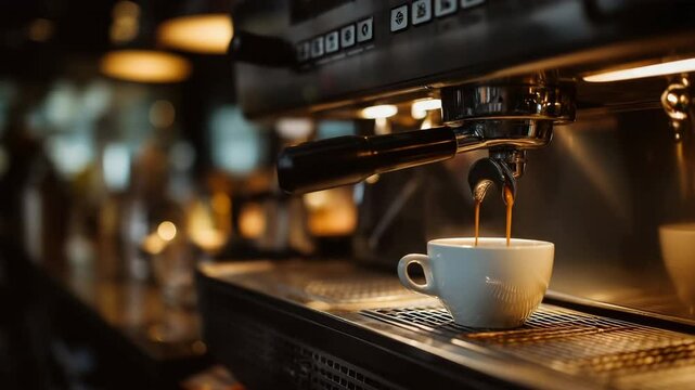 Close-Up of Espresso Machine Brewing Fresh Coffee in a Caf&eacute; Setting