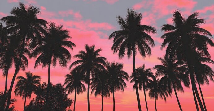 Tropical silhouette: palm trees stand tall against a vibrant pink sunset sky, evoking relaxation and paradise. Island vibes and summer dreams.
