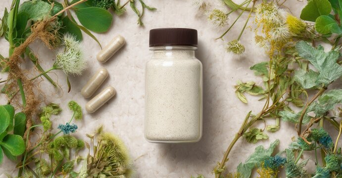 Herbal Supplement: Bottle filled with plant-based nutrients, capsules, and fresh herbs. Promotes natural wellness and holistic health.