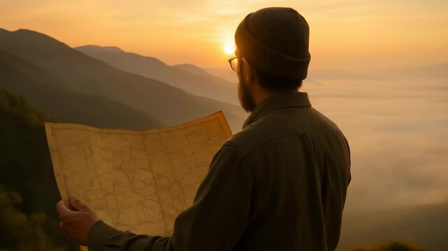 Finding the way, hiker planning route at sunrise