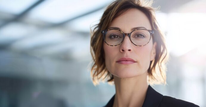 Confident woman with glasses, poised and professional. A portrait of focus and intelligence in a modern setting.