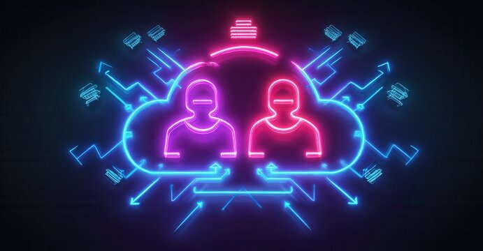 Neon Cloud Collaboration: A digital illustration of two figures sharing data, highlighting modern teamwork and connected technology.