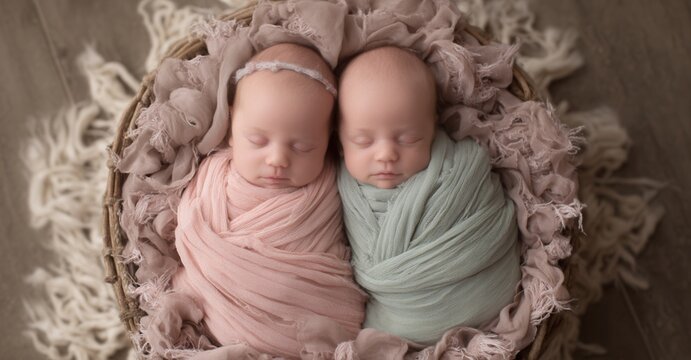 Identical twin babies peacefully sleep swaddled in pastel wraps, nestled together in a cozy basket, evoking serenity and innocence.