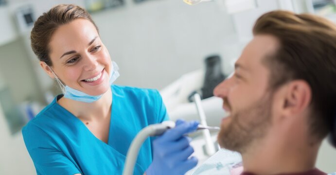 Smiling dentist examining patient's teeth. Professional dental care in a clean office setting, ensuring oral health and hygiene.