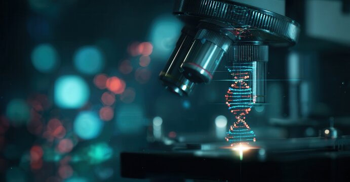 Close-up of a microscope examining a digitally rendered DNA strand, symbolizing scientific research and genetic study. Abstract bokeh background.