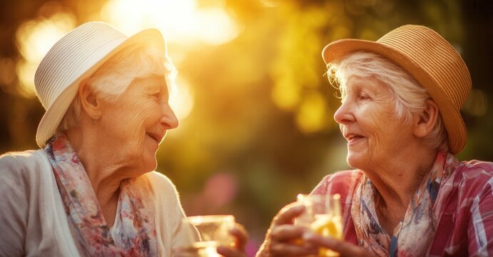 Two senior women enjoy sunshine and conversation. Hats on, drinks in hand, they share a moment of friendship and relaxation. Golden hour light.