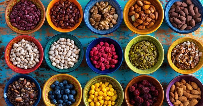 Assortment of colorful bowls filled with healthy snacks like nuts, seeds, beans, and berries, displayed on a rustic blue surface.