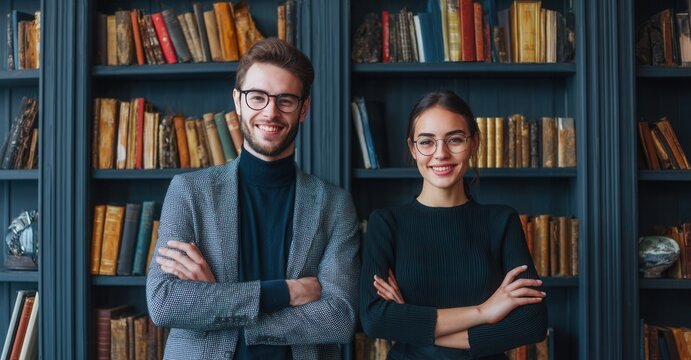A man and a woman stand in front of a bookshelf filled with books. They are both smiling and wearing glasses.