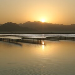 Obraz premium Floating solar panels at sunrise
