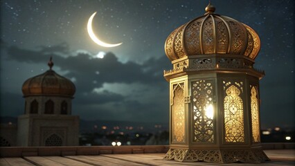 Obraz premium Ornate Golden Lantern Glowing Under Crescent Moon in Cinematic Night