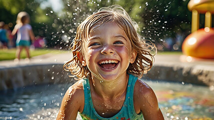 햇살 가득한 여름날, 바닥 분수 위에서 물을 맞으며 웃고 있는 귀여운 어린이의 모습(A cute child laughing while splashing water on a fountain on a sunny summer day)