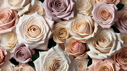 아이보리, 연핑크, 연보라, 베이지 등의 파스텔 색상으로 구성된 종이 느낌의 장미꽃들로 가득 찬 배경 이미지(
Background image filled with paper-like roses in pastel colors such as ivory, light pink, lavender, and beige.)