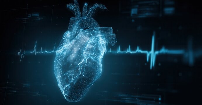 Heart graphic with ECG reading. Visualization of human biology, medicine and technology. Futuristic design of the heart and wave.