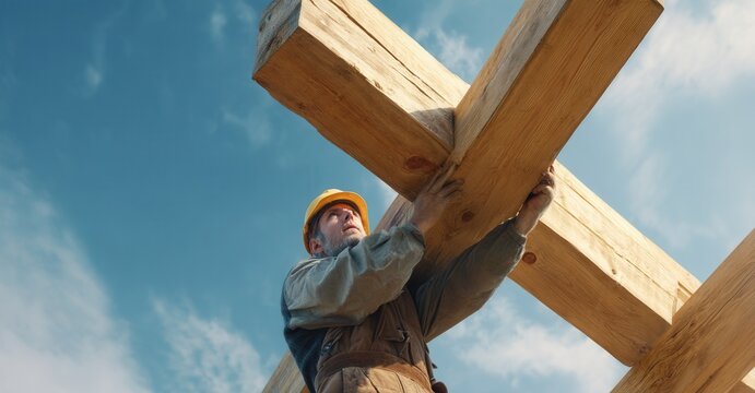 Construction worker carefully places a wooden beam into a frame against a partly cloudy blue sky. Focus on safety and precision.
