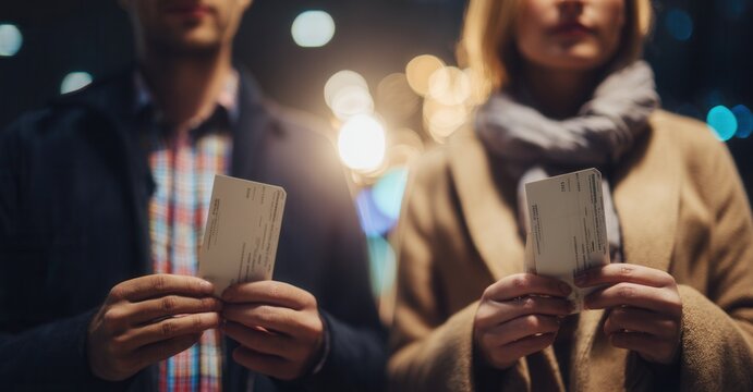 Couple holding tickets at night, blurred lights in background. Ready for an event, out for entertainment. Evening outing together.